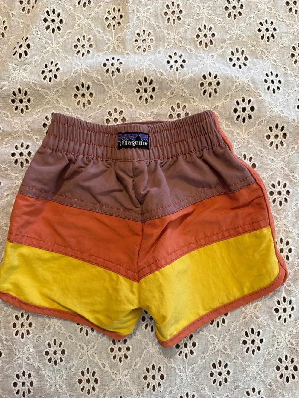 Patagonia Colorblock swim shorts in Rust, Yellow & Taupe boys 3-6 months